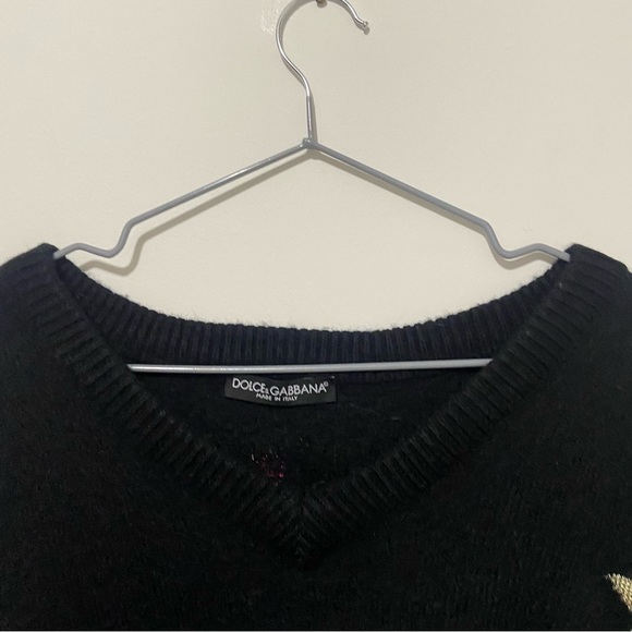Dolce & Gabbana Black Star Print V-Neck Wool Sweater Size Small - Picture 5 of 8